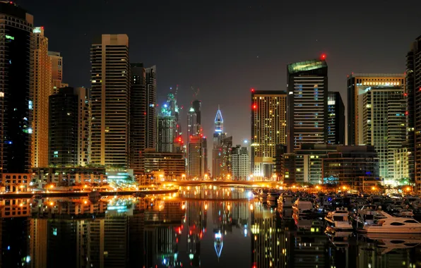 Картинка ночь, city, яхты, порт, Дубай, катера, Dubai, высотки