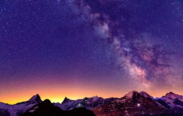 Картинка небо, звезды, свет, горы, ночь, Швейцария, Альпы, млечный путь