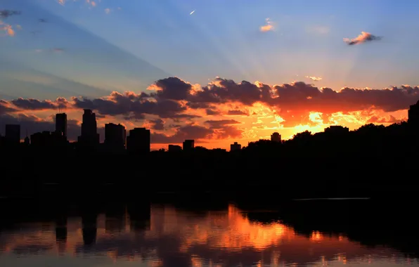 City, Sunset, lake