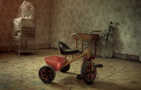 Комната, обои, ковры, трехколесный велосипед, детский стульчик