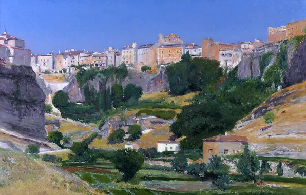 Картинка пейзаж, горы, город, скалы, дома, картина, долина, Aureliano de Beruete y Moret