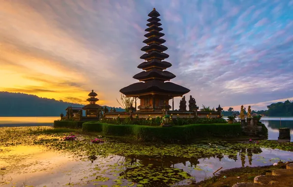 Картинка рассвет, Бали, Индонезия, храм Пура Улун Дану, озеро Братан