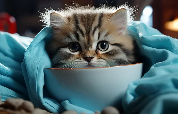 Кошка, взгляд, свет, поза, котенок, серый, портрет, милый