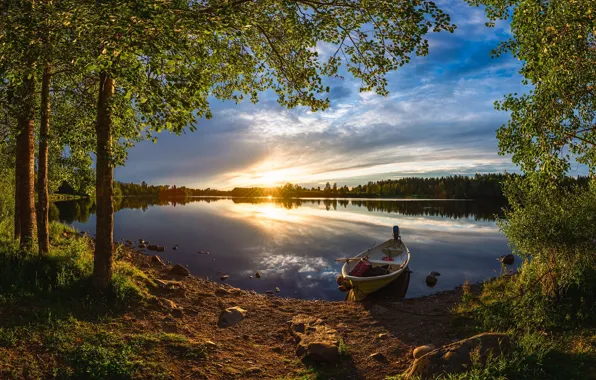 Картинка закат, берег, лодка, водоем