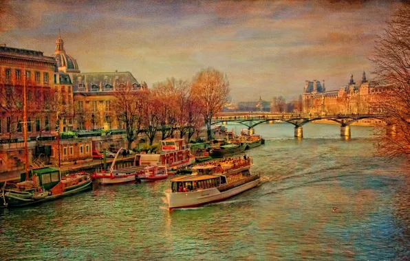 Картинка осень, деревья, мост, река, Франция, Париж, корабль, Сена