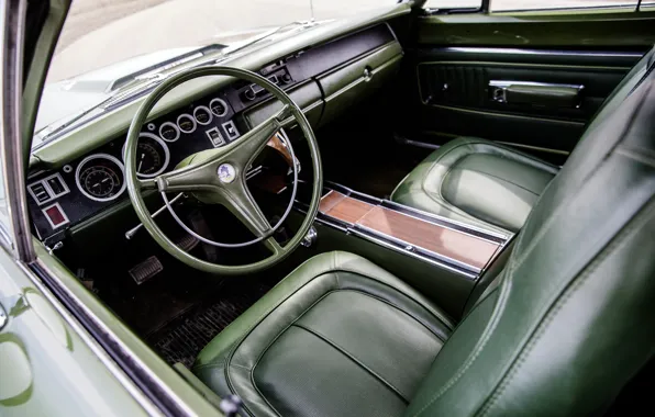 Картинка green, 1970, Plymouth, Road Runner, car interior, Plymouth Road Runner 440+6 Hardtop Coupe