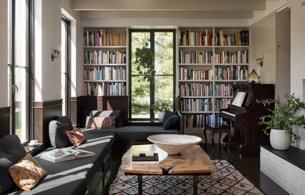 Интерьер, камин, библиотека, фортепиано, гостиная, Recreation library room, by Jessica Helgerson interior design