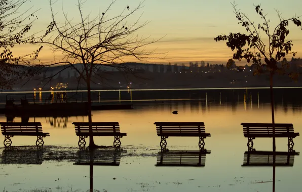 Картинка закат, природа, озеро, nature, sunset, lake, evening, bench