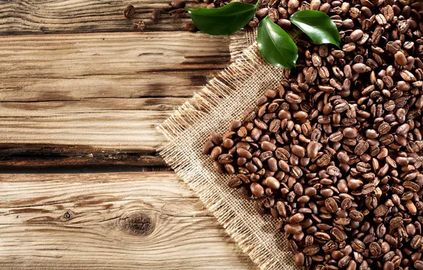 Кофе, зерна, wood, leaves, beans, coffee, cloth