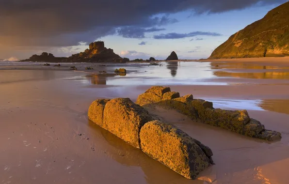 Картинка песок, море, пляж, камни, скалы, Португалия