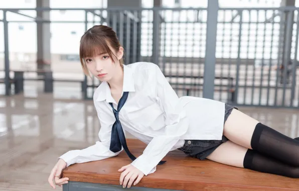 Beautiful, Asian, Model, Table, Woman, Pretty, Japanese, Uniform
