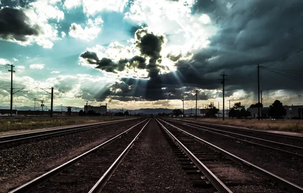 Dark, light, Clouds, sun, Denver, Colorado, railroad, State