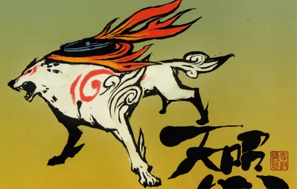 Пламя, волк, иероглифы, серый фон, божество, Okami, Amaterasu