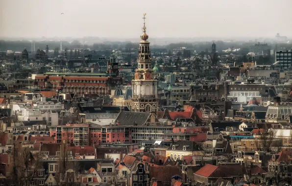 Amsterdam, Netherlands, cityscape, foggy, cloudy, religion, Westerkerk, urban scene