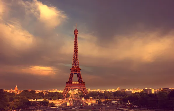 Дорога, небо, облака, деревья, люди, Париж, Paris, Эйфелева башня