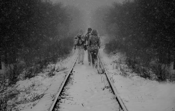 Winter, snow, rails, tie, trio, railroad, winter railroad, the snow