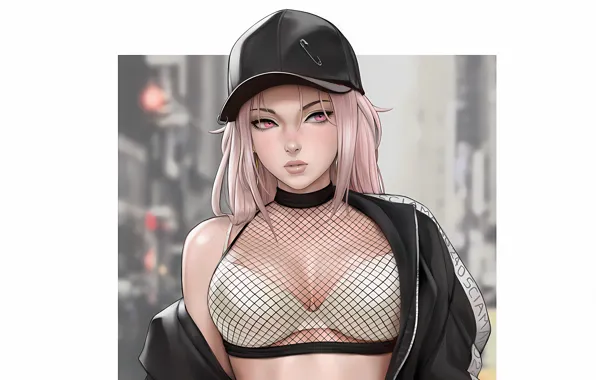 Girl, sexy, cleavage, pink hair, long hair, boobs, anime, beautiful