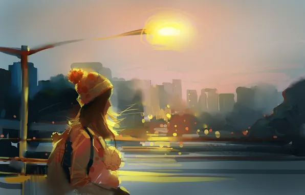 Картинка девушка, город, река, ветер, шапка, арт, фонарь, рюкзак