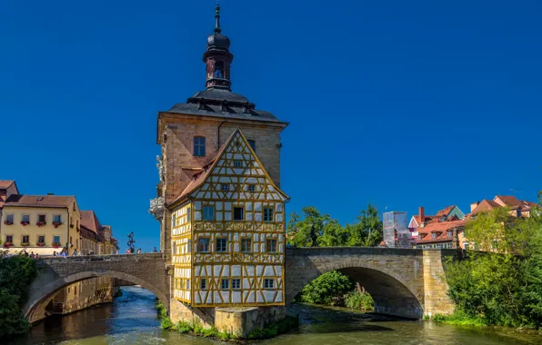 Мост, река, здание, Германия, Бавария, Germany, Bamberg, Bavaria