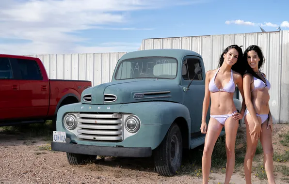 Sexy, Truck, smiles, brunettes, bikini, sisters