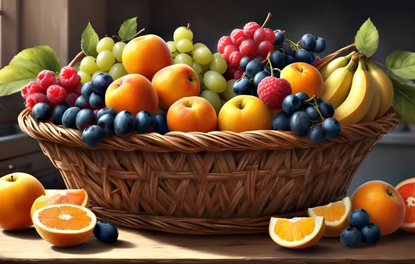 Ягоды, еда, апельсины, урожай, виноград, бананы, фрукты, натюрморт