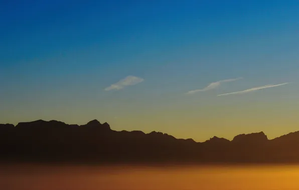 Twilight, sky, sunset, mountains, clouds, dusk, peaks, silhouettes