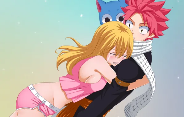 Аниме, арт, пара, Fairy Tail, Нацу, Люси, Хвост феи