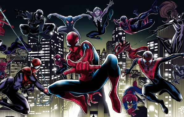 Арт, постер, персонажи, комикс, MARVEL, Spider-Man, Человек-паук: Через вселенные, Spider-Man: Into the Spider-Verse