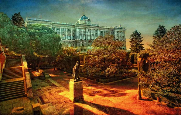 Осень, небо, деревья, дом, парк, здание, памятник, ступени