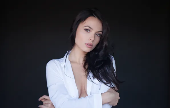Взгляд, поза, модель, портрет, макияж, брюнетка, прическа, блузка