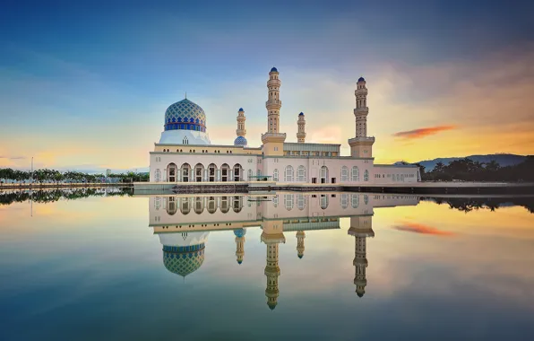 Картинка облака, отражение, утро, зеркало, Малайзия, Likas Бэй, города Кота-Кинабалу Мечеть, песок дороги