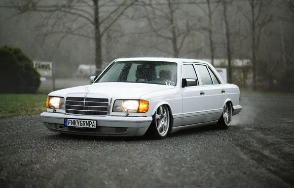 Белый, дождь, Mercedes-Benz, мерседес, low, stance, SEL, W126