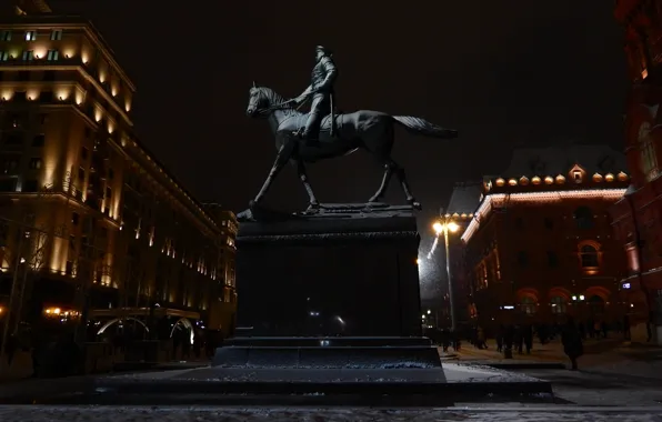 Снег, ночь, красиво, памятник, Москва, прогулка, Красная площадь