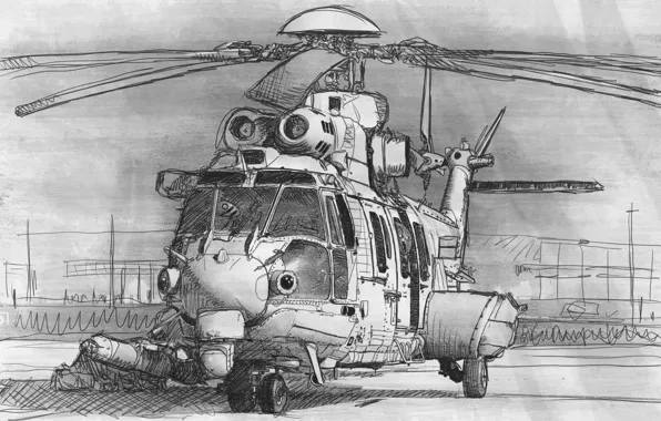 Авиация, рисунок, вертолет, лопасти