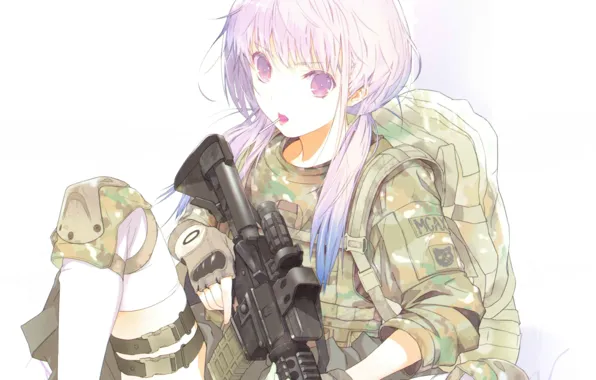 Автомат, белый фон, перчатки, леденец, камуфляж, рюкзак, art, haruaki fuyuno