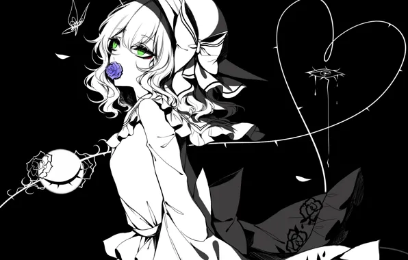 Девушка, глаз, роза, сердечко, чёрный фон, Touhou, Koishi Komeiji, Тохо