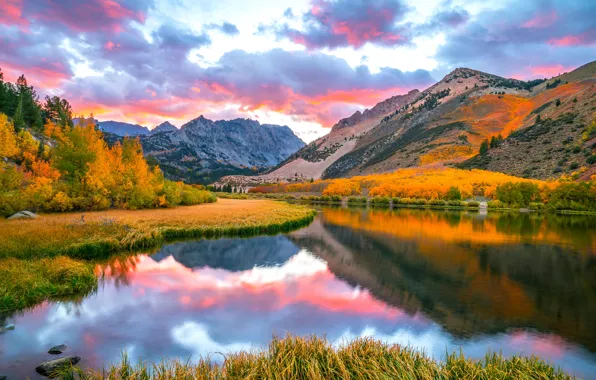 Картинка осень, облака, горы, природа, озеро, Калифорния, США