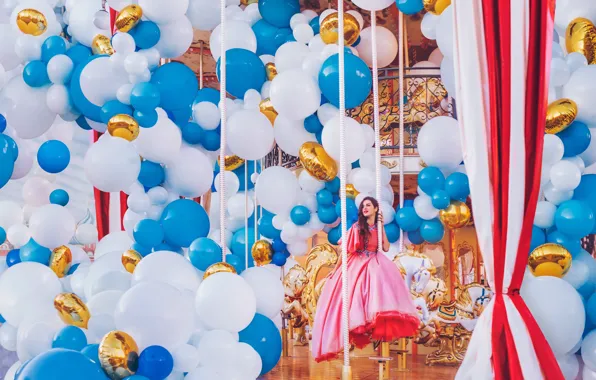 Картинка девушка, шарики, воздушные шары, настроение, платье, карусель, много, Кристина Макеева
