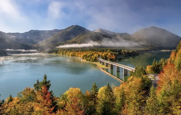 Картинка осень, лес, деревья, горы, мост, озеро, Германия, Бавария