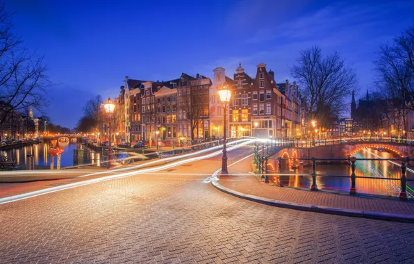 Мост, здания, дома, Амстердам, фонари, канал, Нидерланды, ночной город