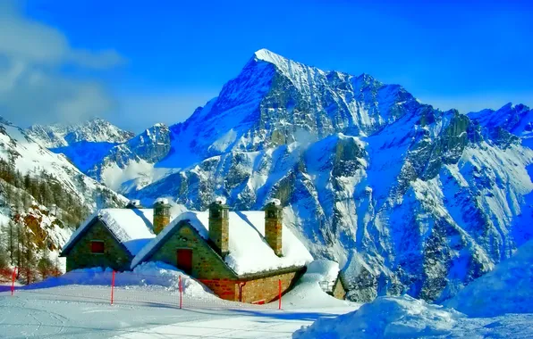 Зима, небо, снег, деревья, горы, дома