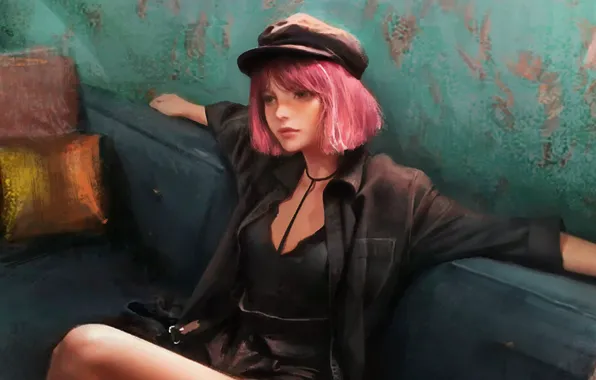 Подушки, девочка, кепка, на диване, в комнате, у стены, розовые волосы, чёрная рубашка