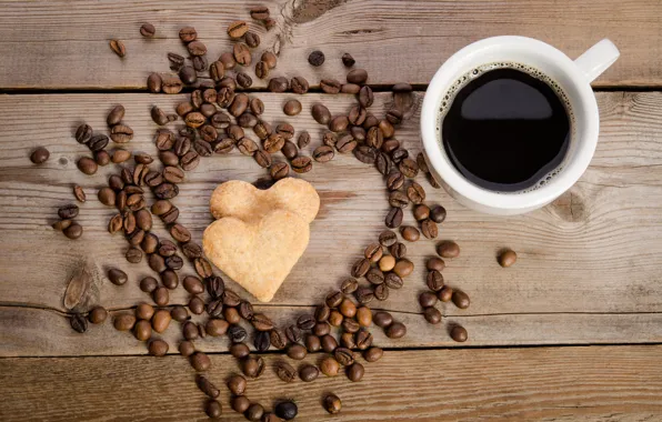 Кофе, печенье, чашка, heart, coffee beans