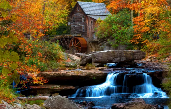 Осень, река, водопад, USA, Babcock State Park, river, Park, autumn