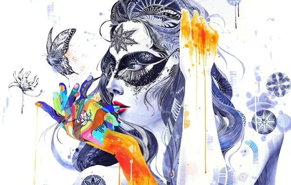 Картинка девушка, цветы, абстракция, движение, узоры, бабочка, краски, пальцы