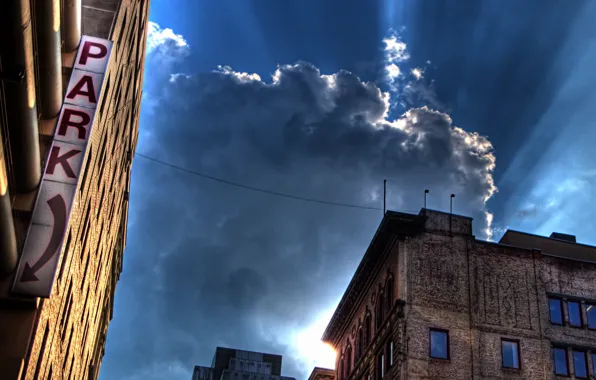 Картинка облака, свет, здания, Дома, вывеска