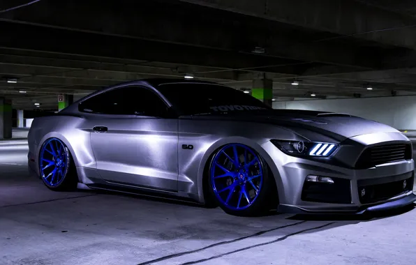 Серебристый, Ford Mustang, мускул кар, синие диски