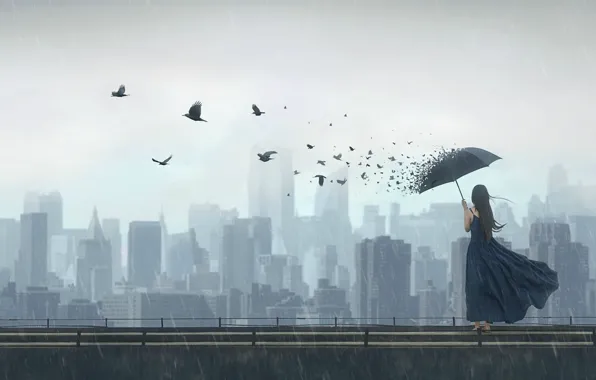 Девушка, птицы, город, фантазия, дождь, зонт, арт