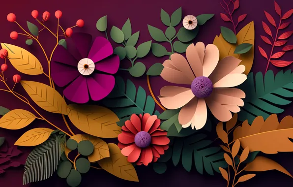 Картинка листья, цветы, фон, colorful, натюрморт, flowers, background, leaves