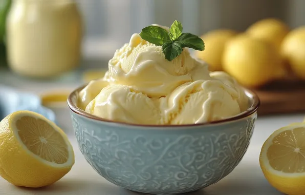 Стол, мороженое, миска, мята, лимоны, пиала, лимонное, ИИ-арт